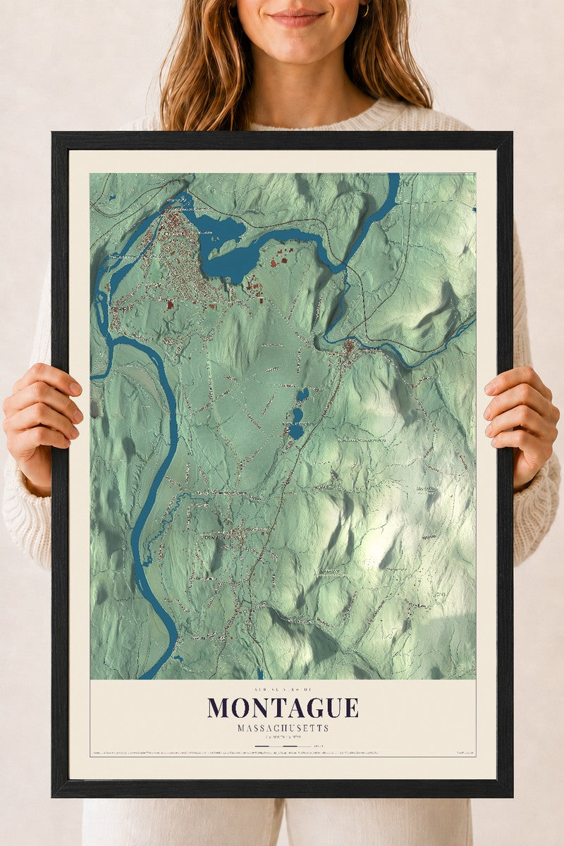 Montague, Massachusetts map print - 18 x 24 black Ayous wood frame