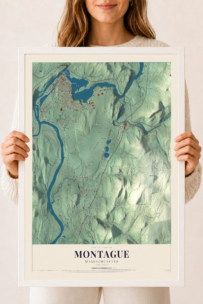 Montague, Massachusetts map print - 18 x 24 white Ayous wood frame