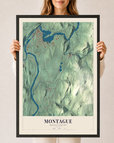 Montague, Massachusetts map print - 24 x 36 black Ayous wood frame