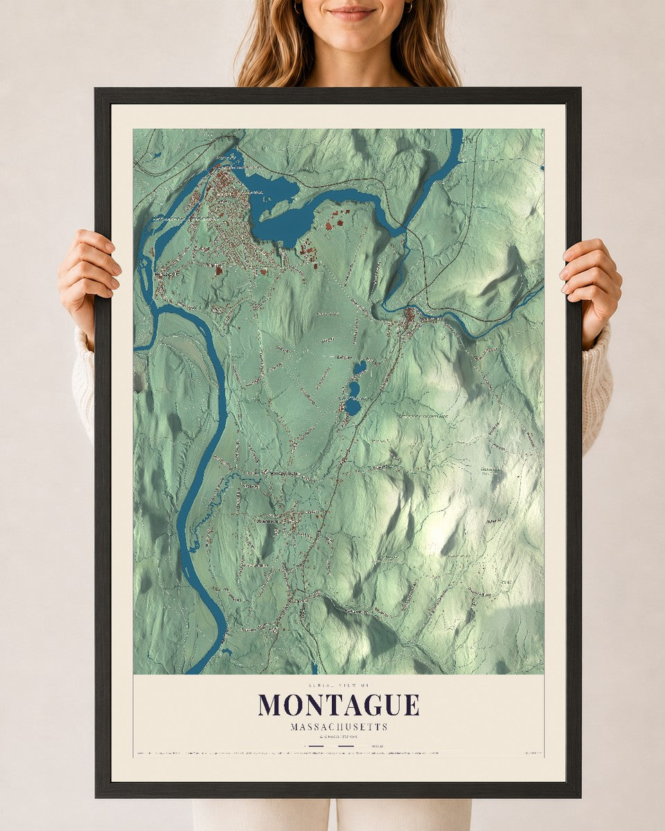 Montague, Massachusetts map print - 24 x 36 black Ayous wood frame
