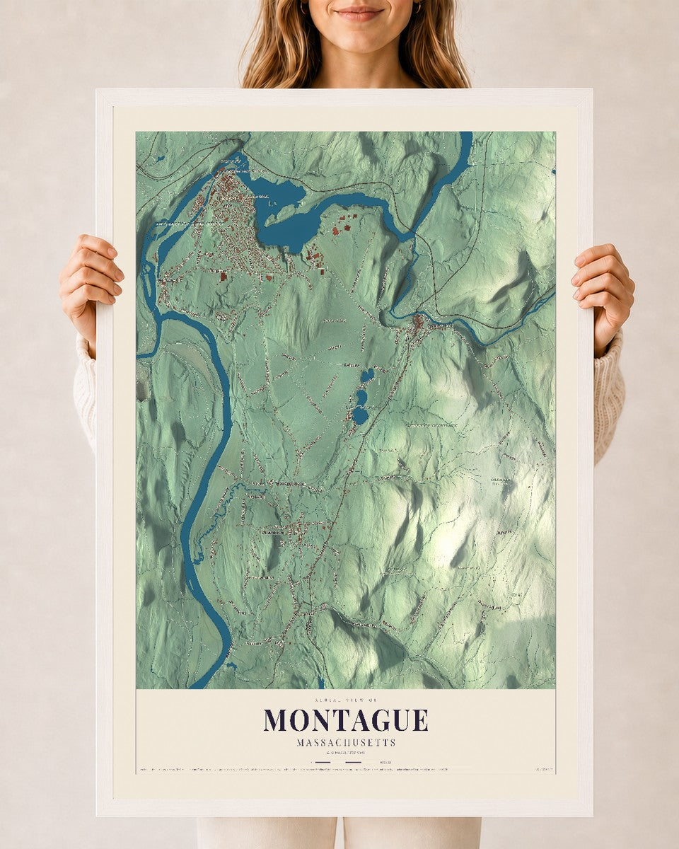 Montague, Massachusetts map print - 24 x 36 white Ayous wood frame