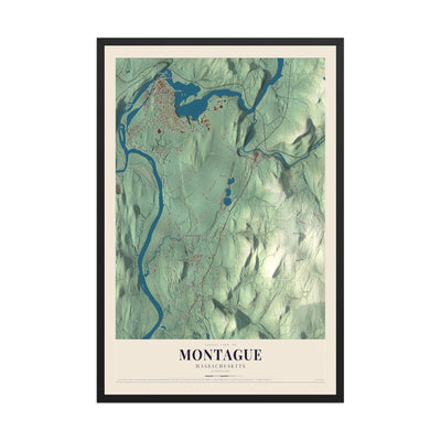 Map of Montague, Massachusetts, 12 x 18 inch print in a black wood frame