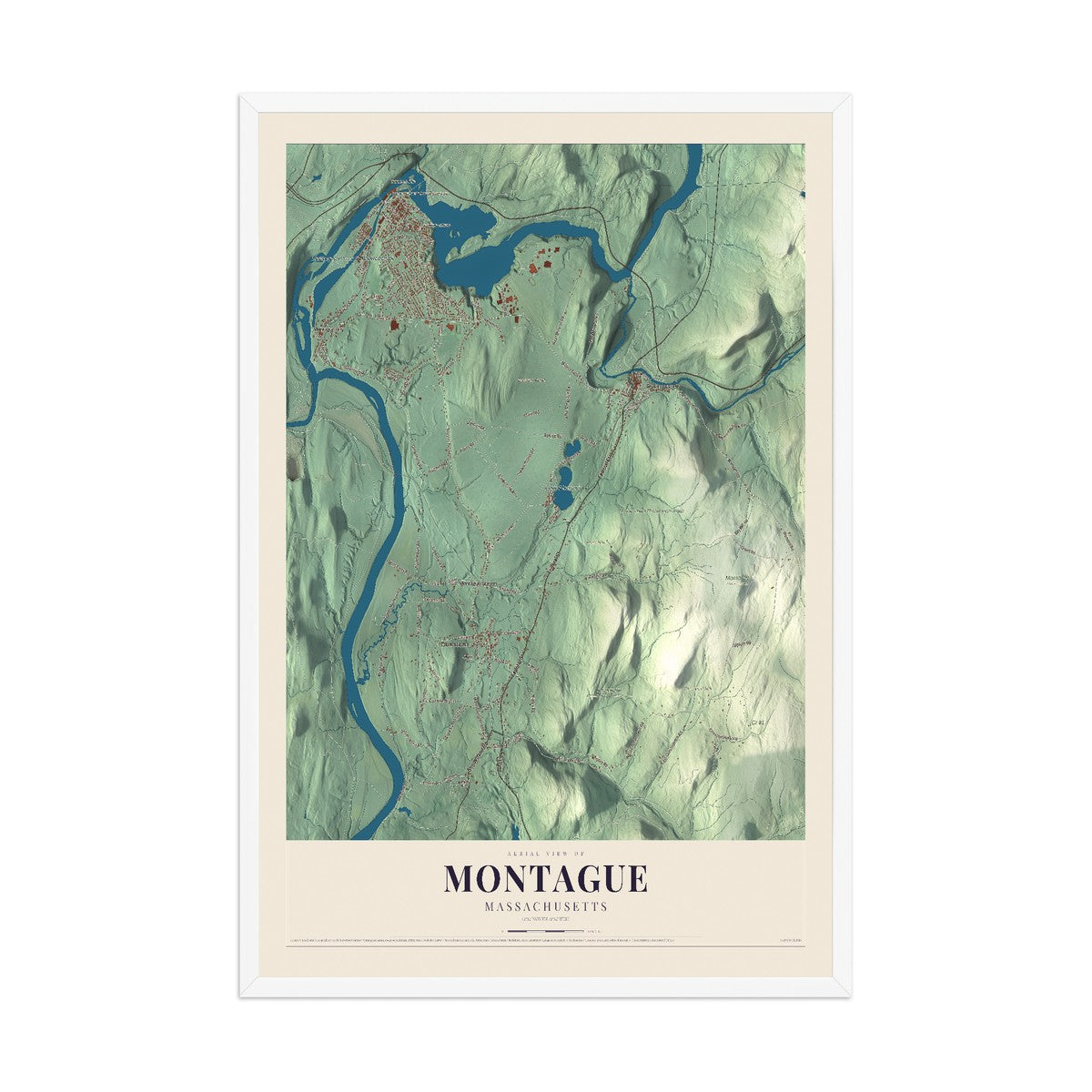 Map of Montague, Massachusetts, 12 x 18 inch print in a white wood frame