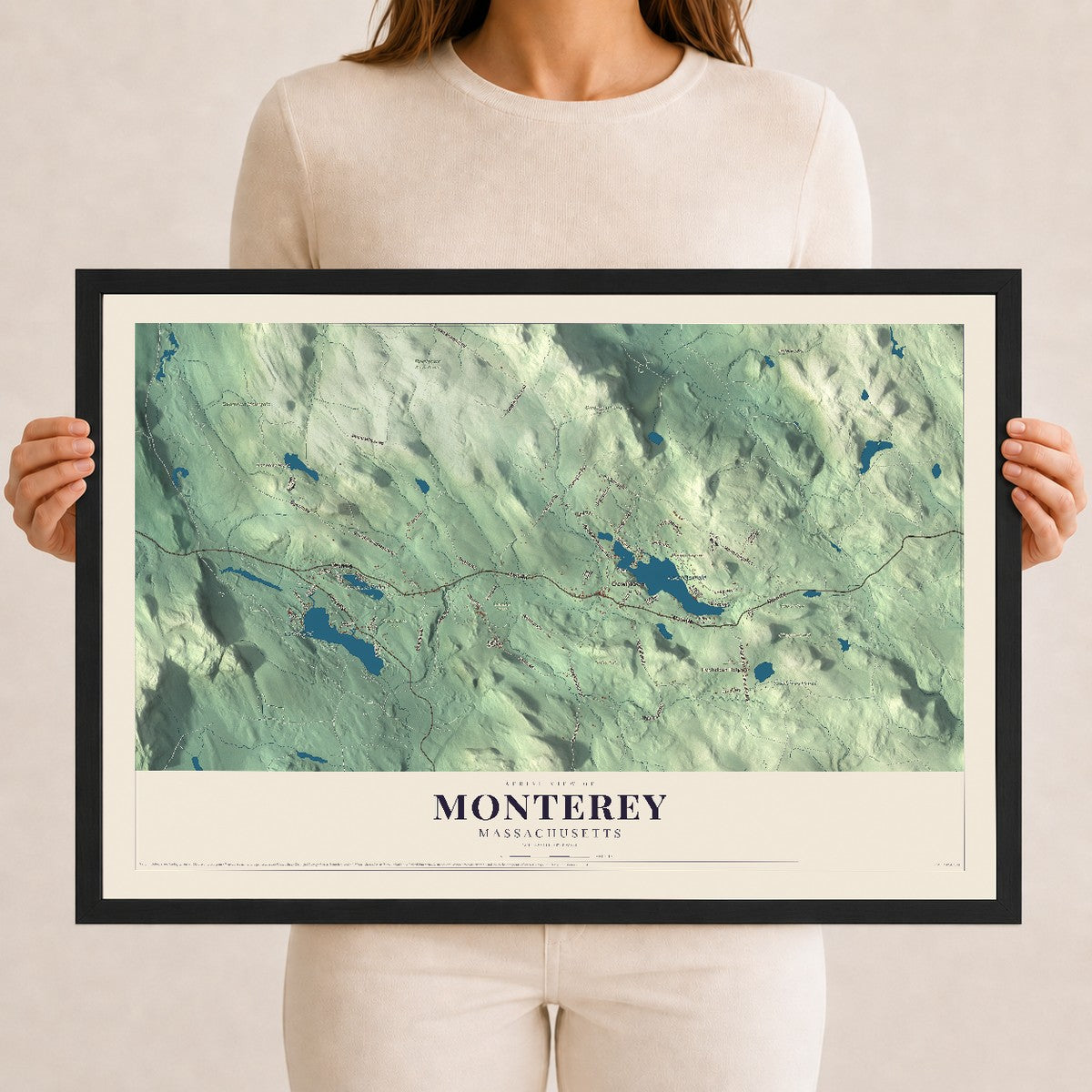 Monterey, Massachusetts map print - 12 x 18 black Ayous wood frame