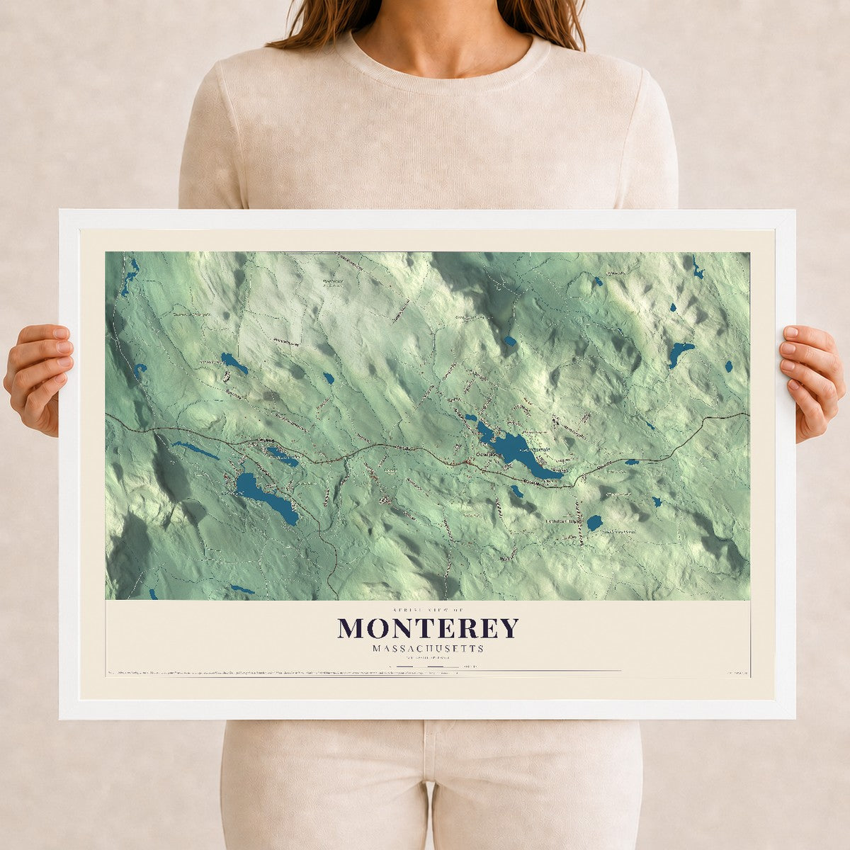 Monterey, Massachusetts map print - 12 x 18 white Ayous wood frame