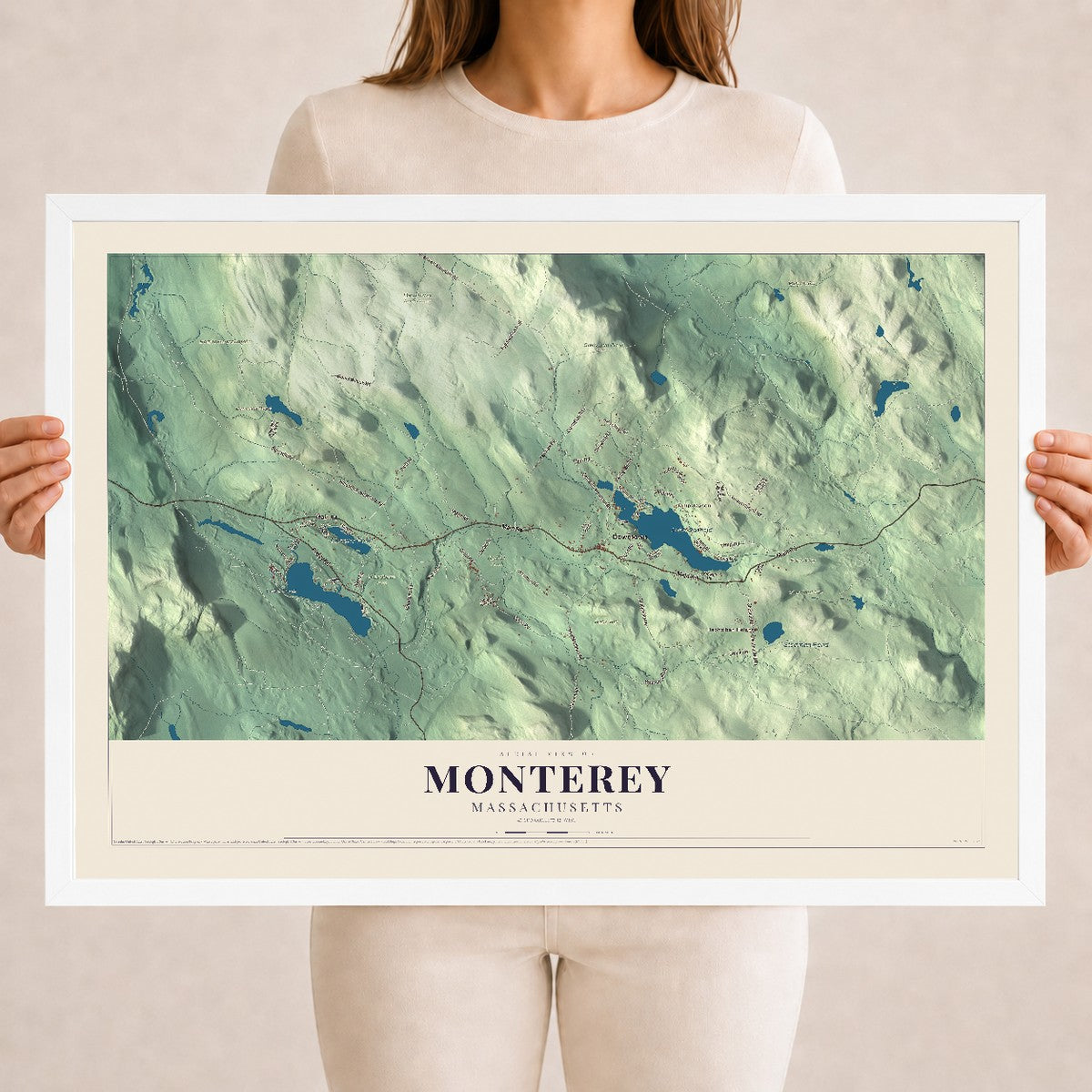 Monterey, Massachusetts map print - 18 x 24 white Ayous wood frame