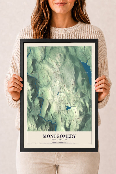Montgomery, Massachusetts map print - 12 x 18 black Ayous wood frame
