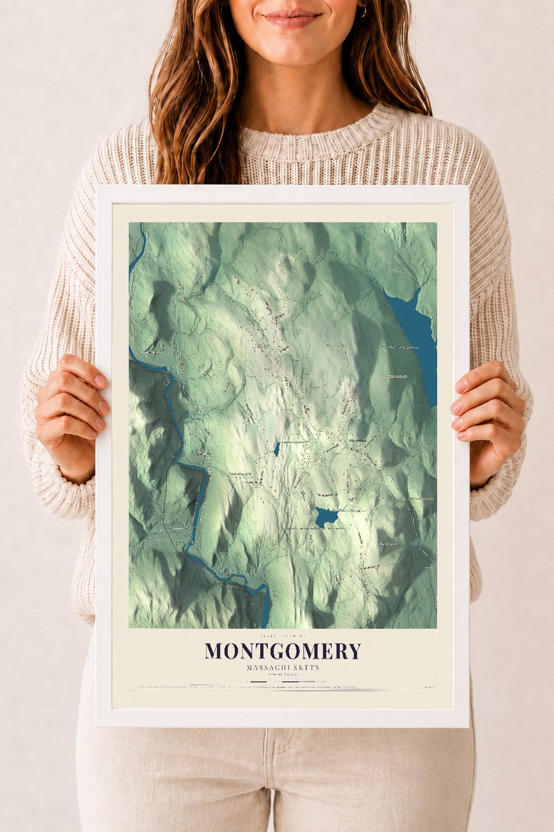 Montgomery, Massachusetts map print - 12 x 18 white Ayous wood frame
