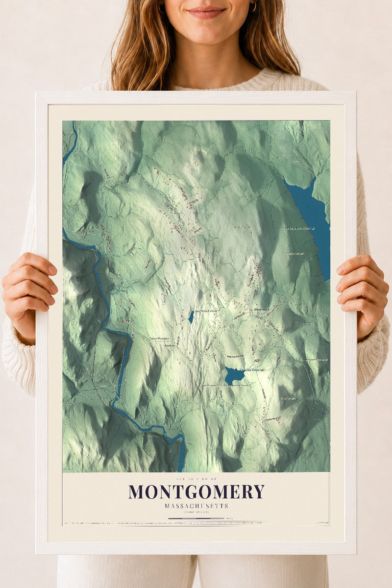 Montgomery, Massachusetts map print - 18 x 24 white Ayous wood frame