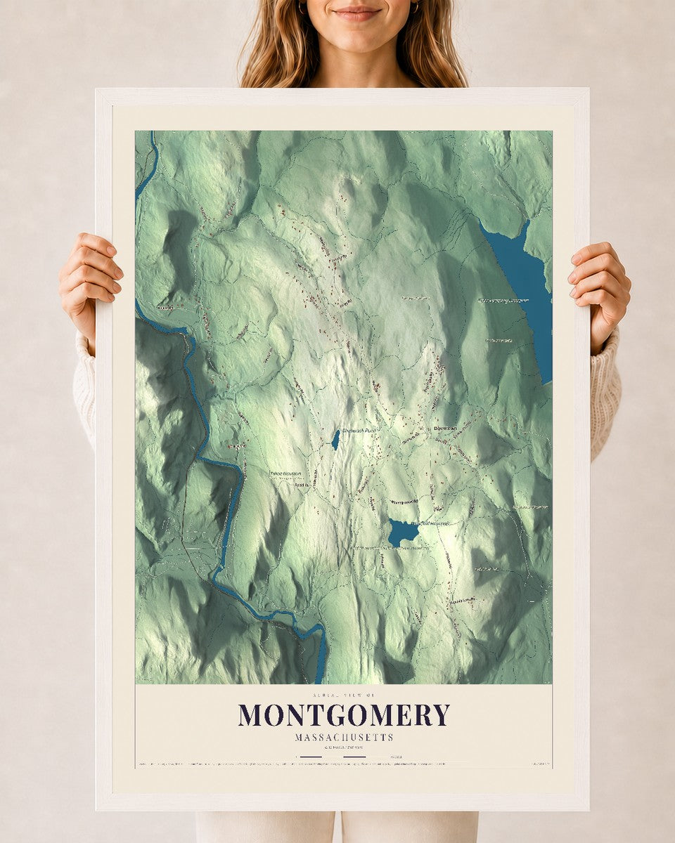 Montgomery, Massachusetts map print - 24 x 36 white Ayous wood frame