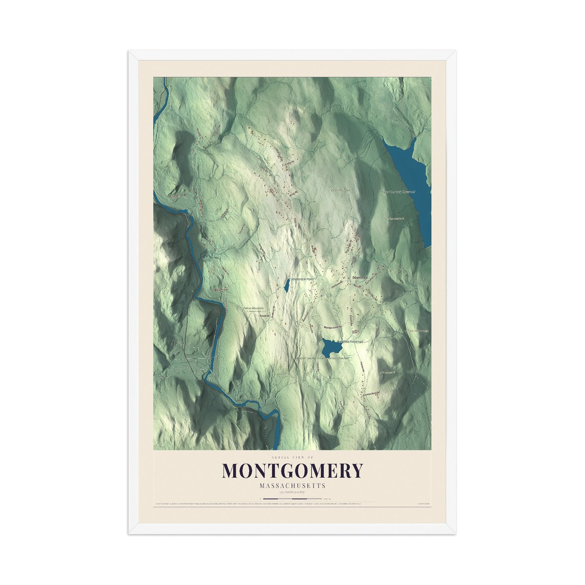 Map of Montgomery, Massachusetts, 12 x 18 inch print in a white wood frame