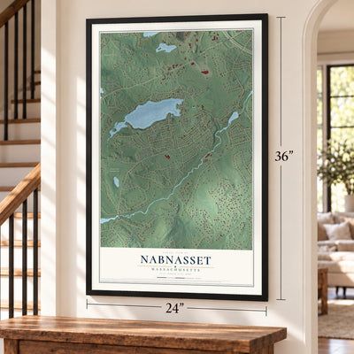 Nabnasset, Massachusetts map, 24 x 36 inch print in a black frame by a staircase