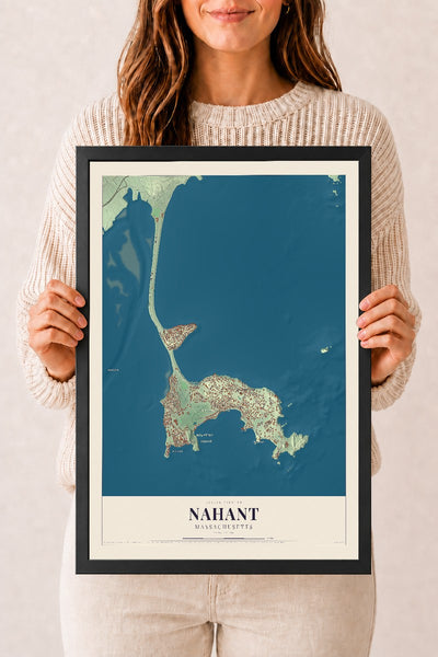 Nahant, Massachusetts map print - 12 x 18 black Ayous wood frame