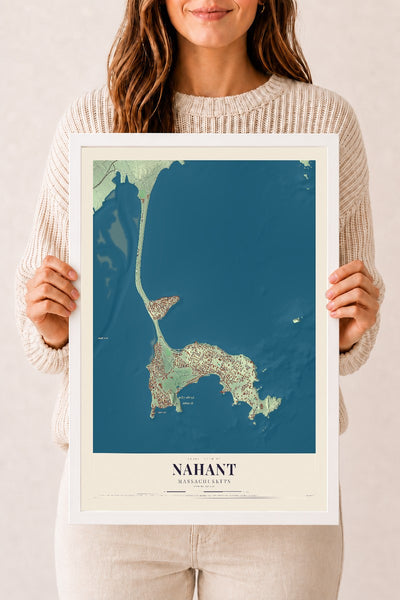 Nahant, Massachusetts map print - 12 x 18 white Ayous wood frame