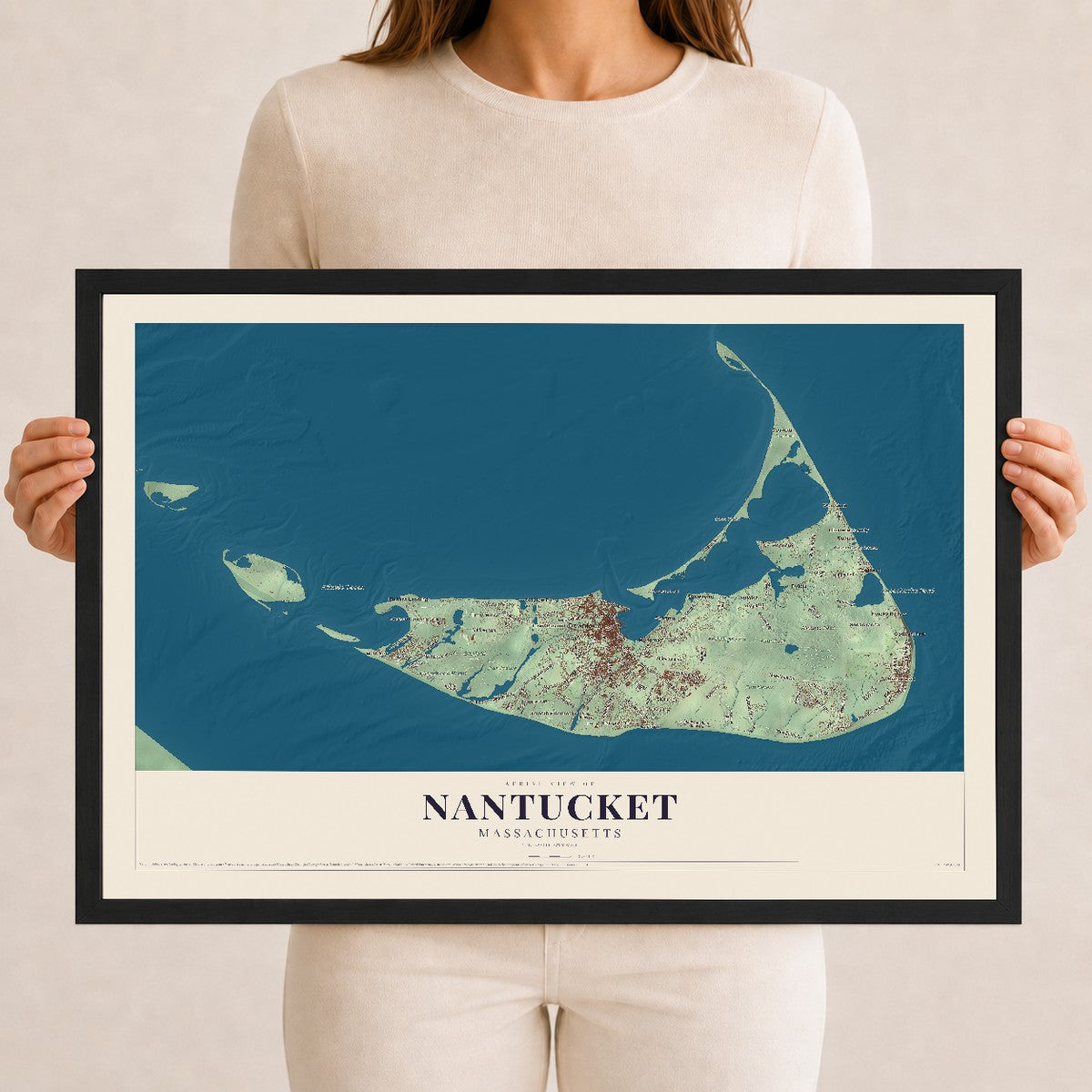 Nantucket, Massachusetts map print - 12 x 18 black Ayous wood frame