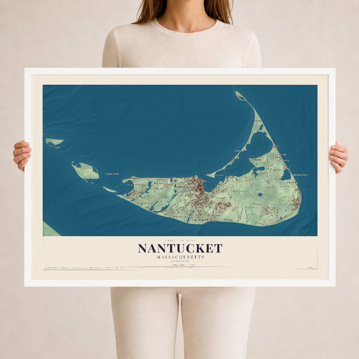 Nantucket, Massachusetts map print - 24 x 36 white Ayous wood frame