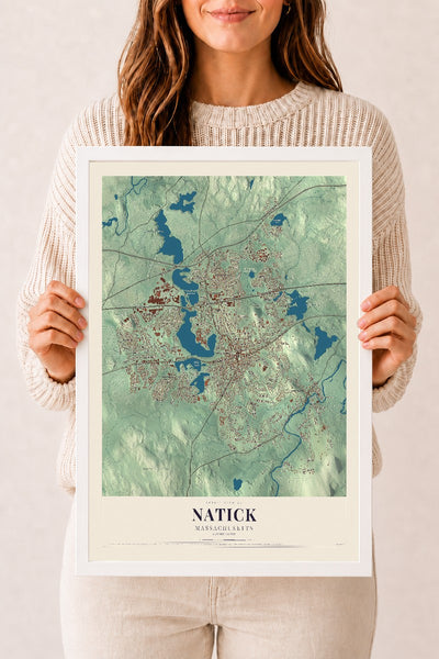 Natick, Massachusetts map print - 12 x 18 white Ayous wood frame