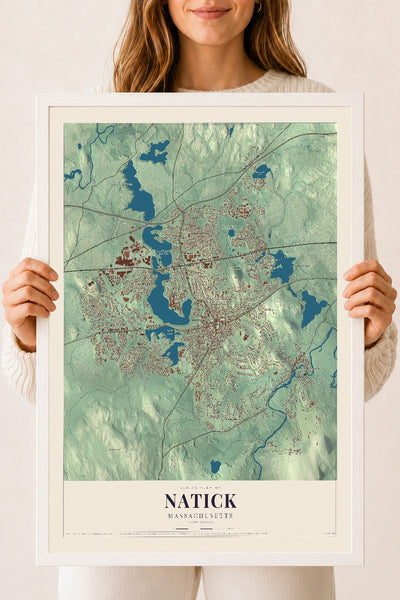 Natick, Massachusetts map print - 18 x 24 white Ayous wood frame