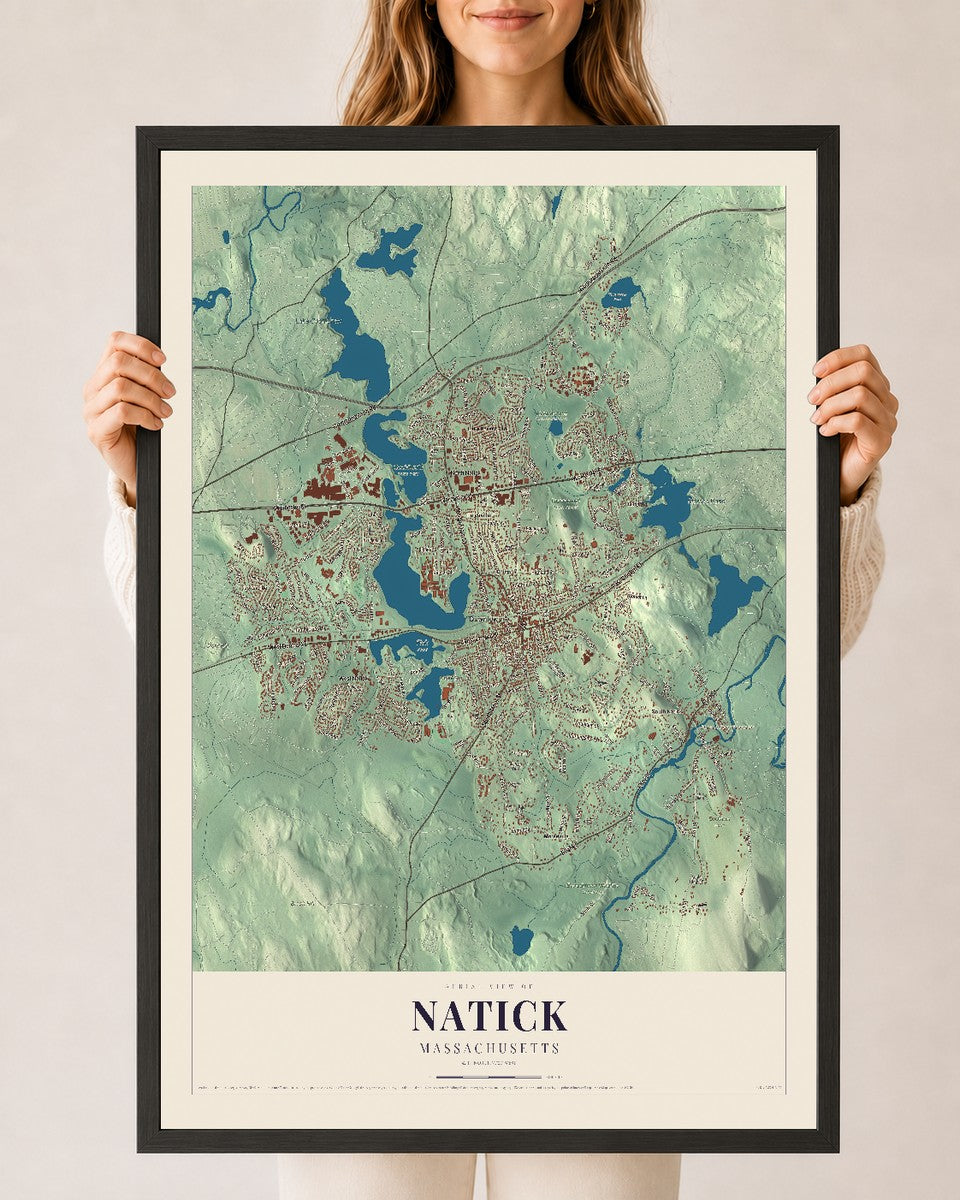 Natick, Massachusetts map print - 24 x 36 black Ayous wood frame