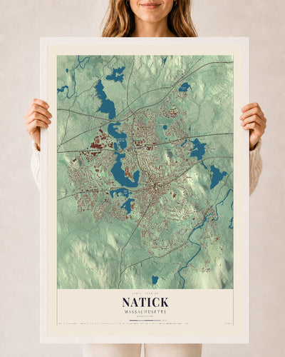 Natick, Massachusetts map print - 24 x 36 white Ayous wood frame