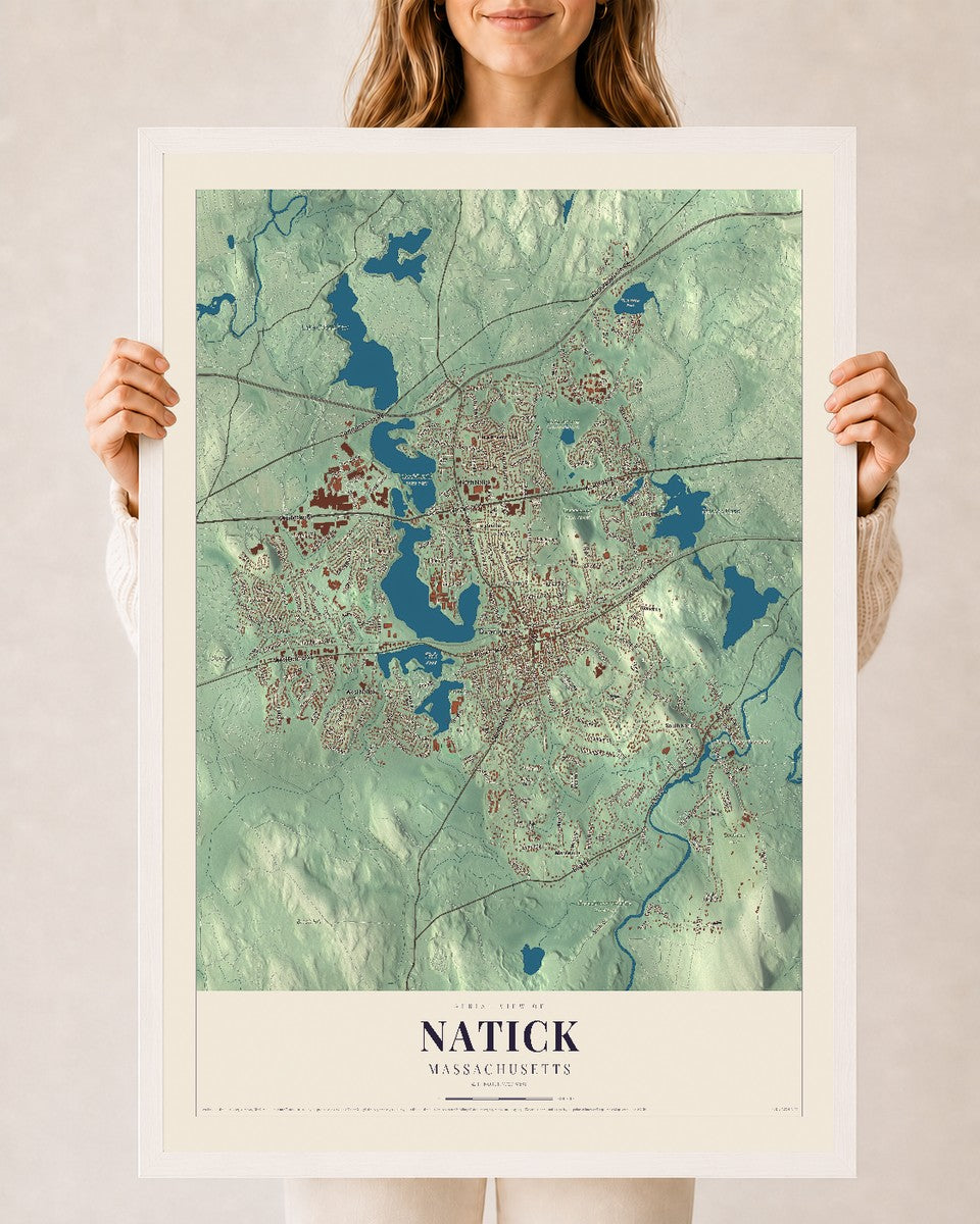 Natick, Massachusetts map print - 24 x 36 white Ayous wood frame