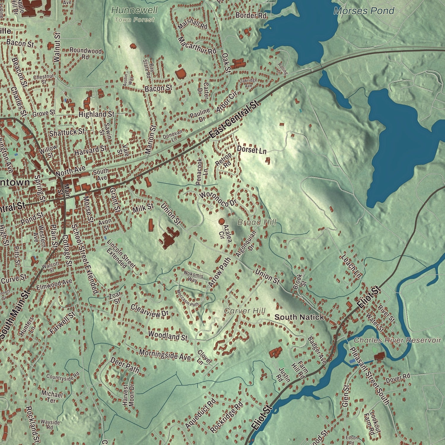 Terrain and local geography detail from the Natick, Massachusetts map