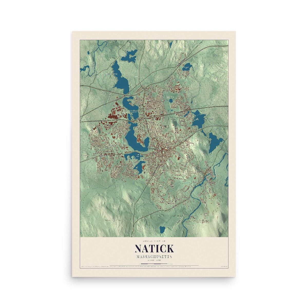 Map of Natick, Massachusetts, 12 x 18 inch unframed archival matte print