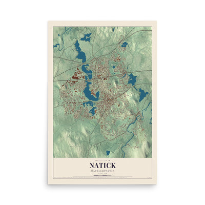 Map of Natick, Massachusetts, 12 x 18 inch unframed archival matte print