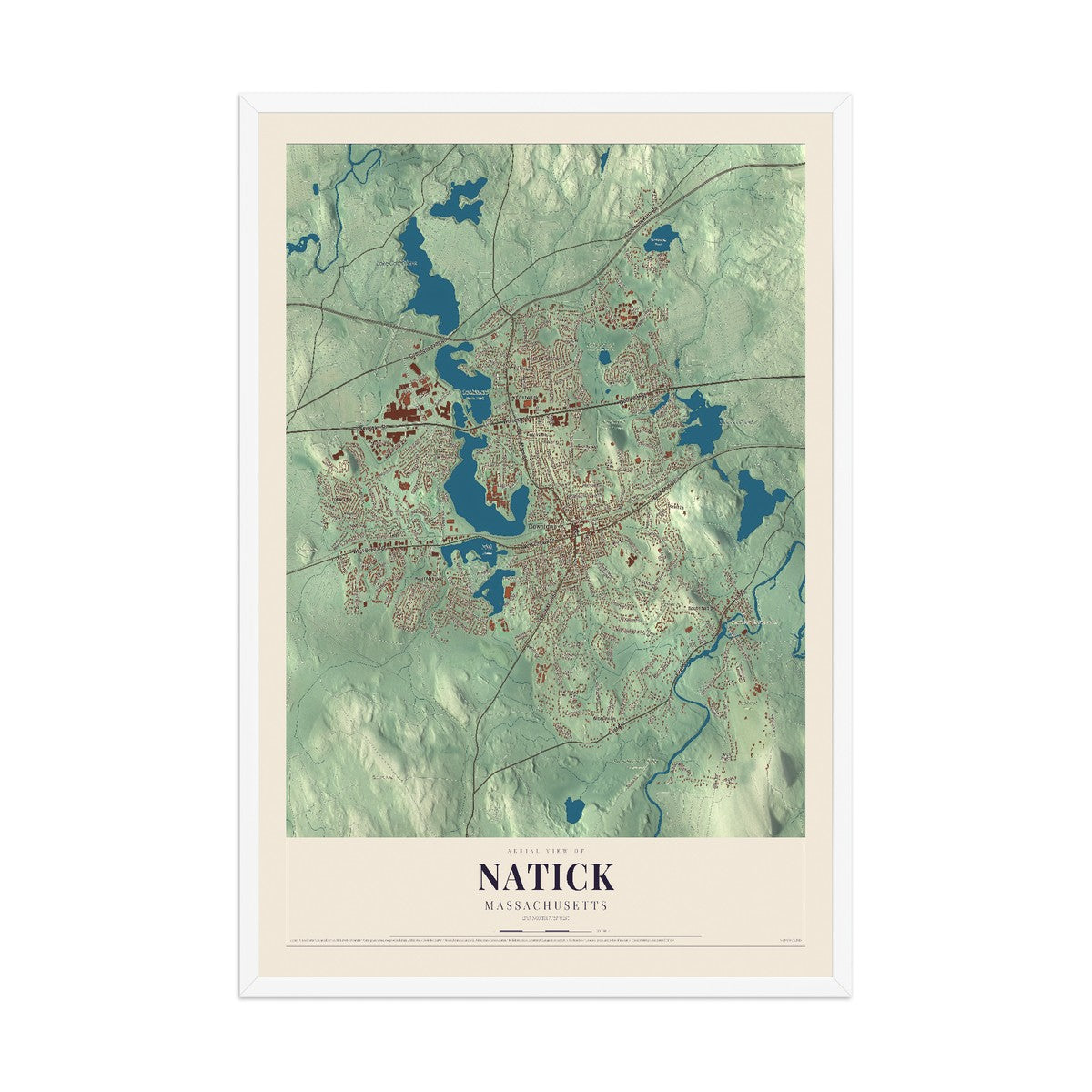 Map of Natick, Massachusetts, 12 x 18 inch print in a white wood frame