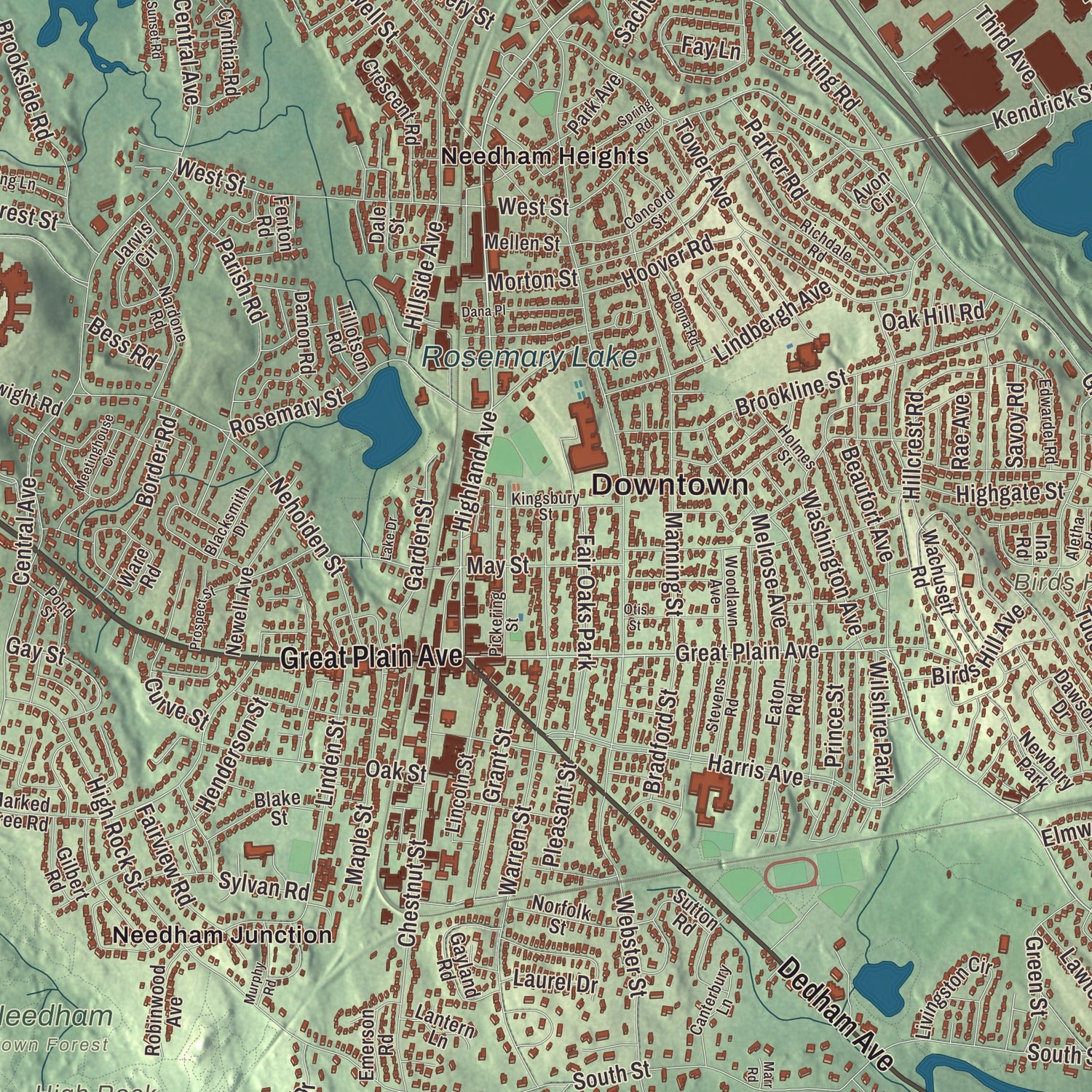 Street and neighborhood detail from the Needham, Massachusetts map
