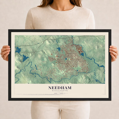 Needham, Massachusetts map print - 12 x 18 black Ayous wood frame