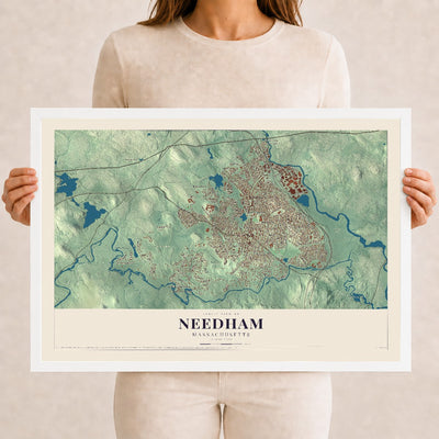 Needham, Massachusetts map print - 12 x 18 white Ayous wood frame
