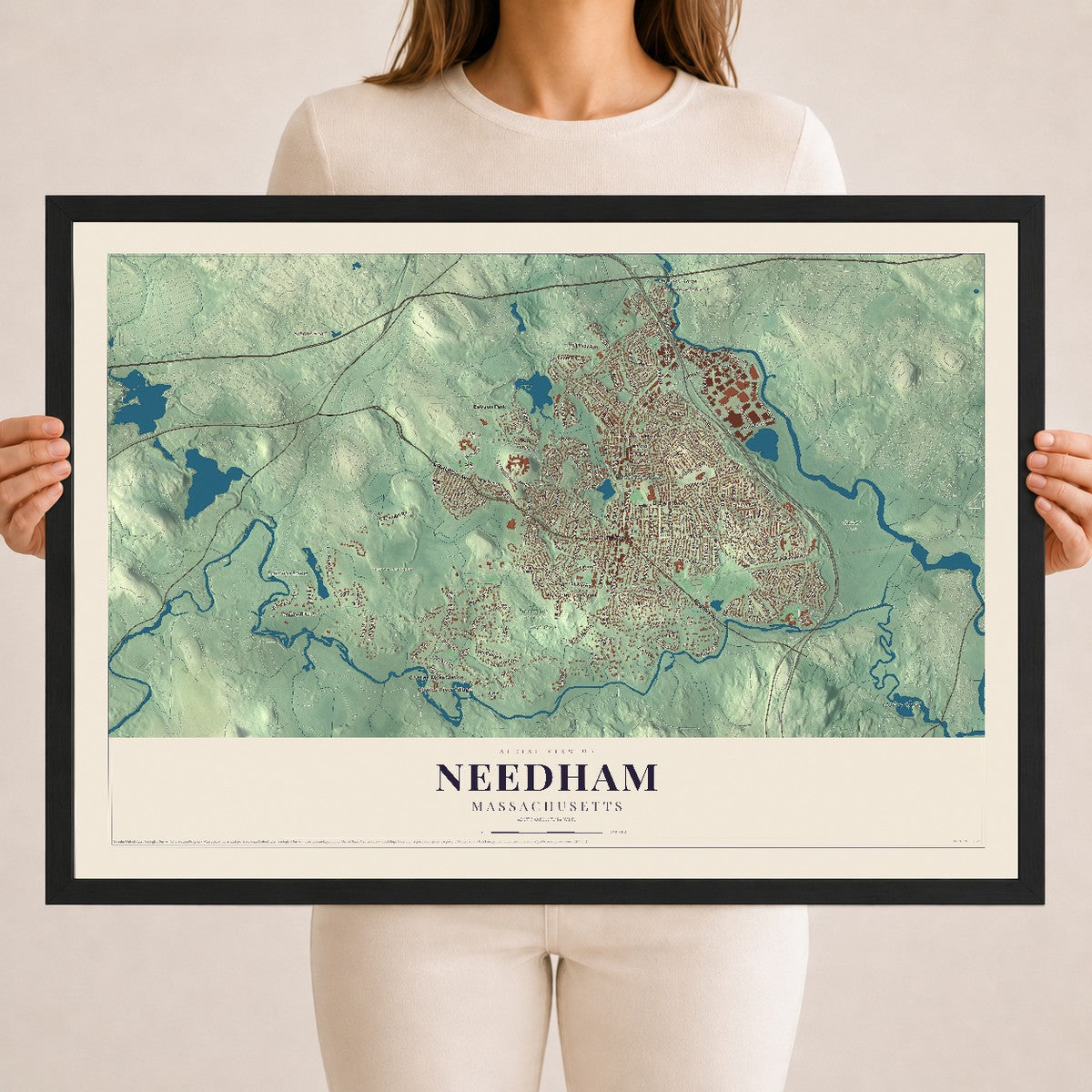 Needham, Massachusetts map print - 18 x 24 black Ayous wood frame
