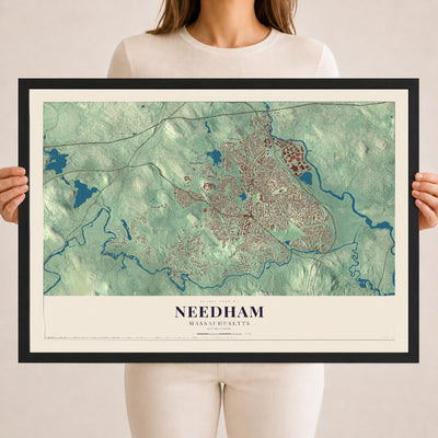 Needham, Massachusetts map print - 18 x 24 black Ayous wood frame
