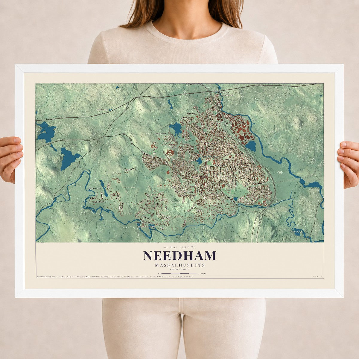 Needham, Massachusetts map print - 18 x 24 white Ayous wood frame