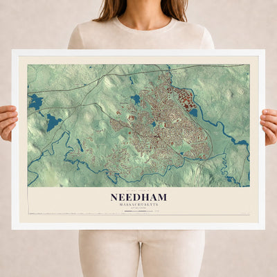 Needham, Massachusetts map print - 18 x 24 white Ayous wood frame