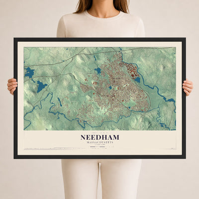 Needham, Massachusetts map print - 24 x 36 black Ayous wood frame