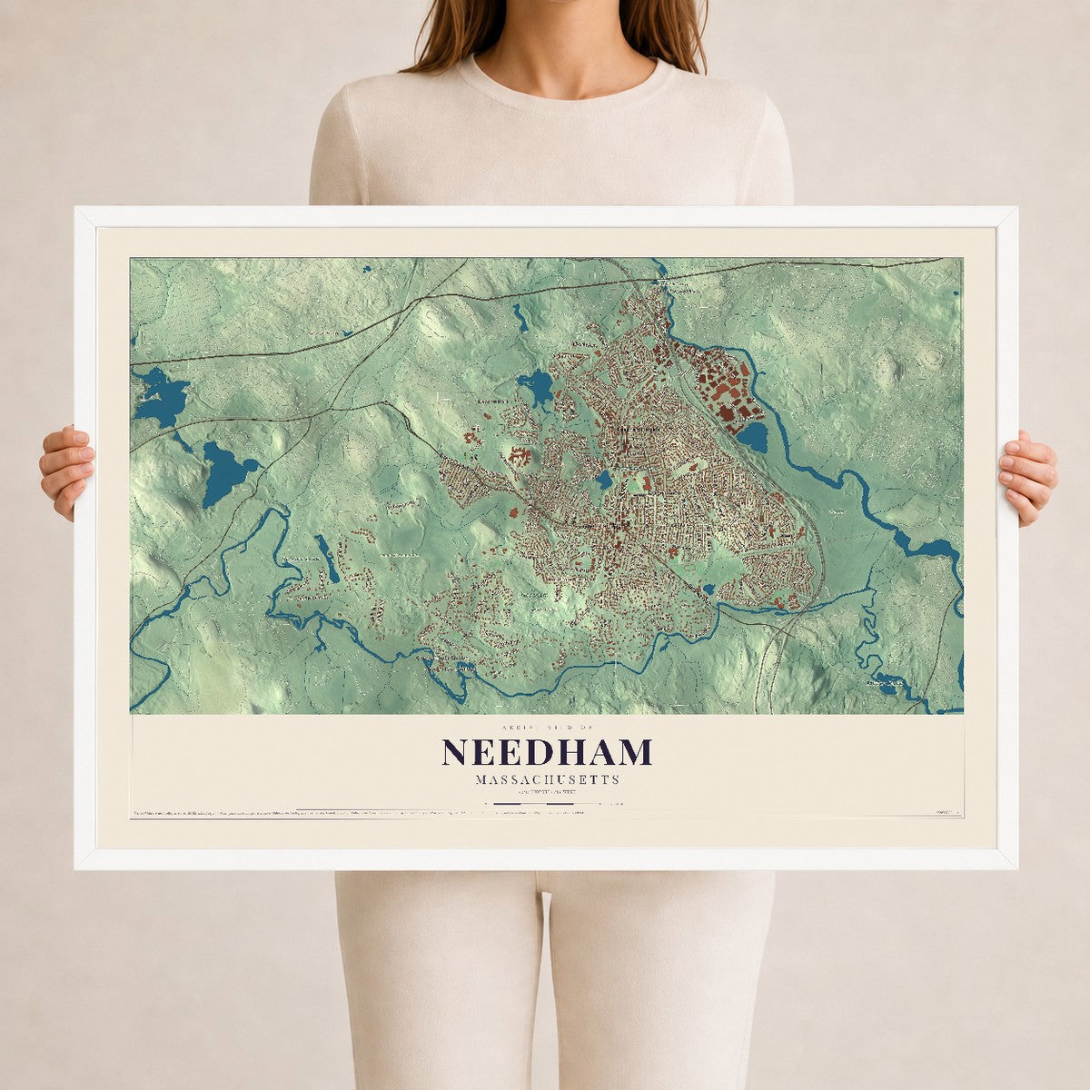 Needham, Massachusetts map print - 24 x 36 white Ayous wood frame