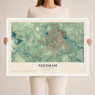 Needham, Massachusetts map print - 24 x 36 white Ayous wood frame