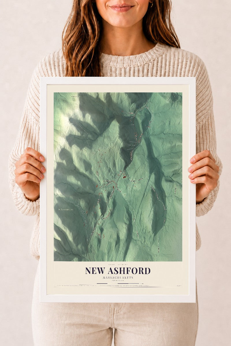 New Ashford, Massachusetts map print - 12 x 18 white Ayous wood frame