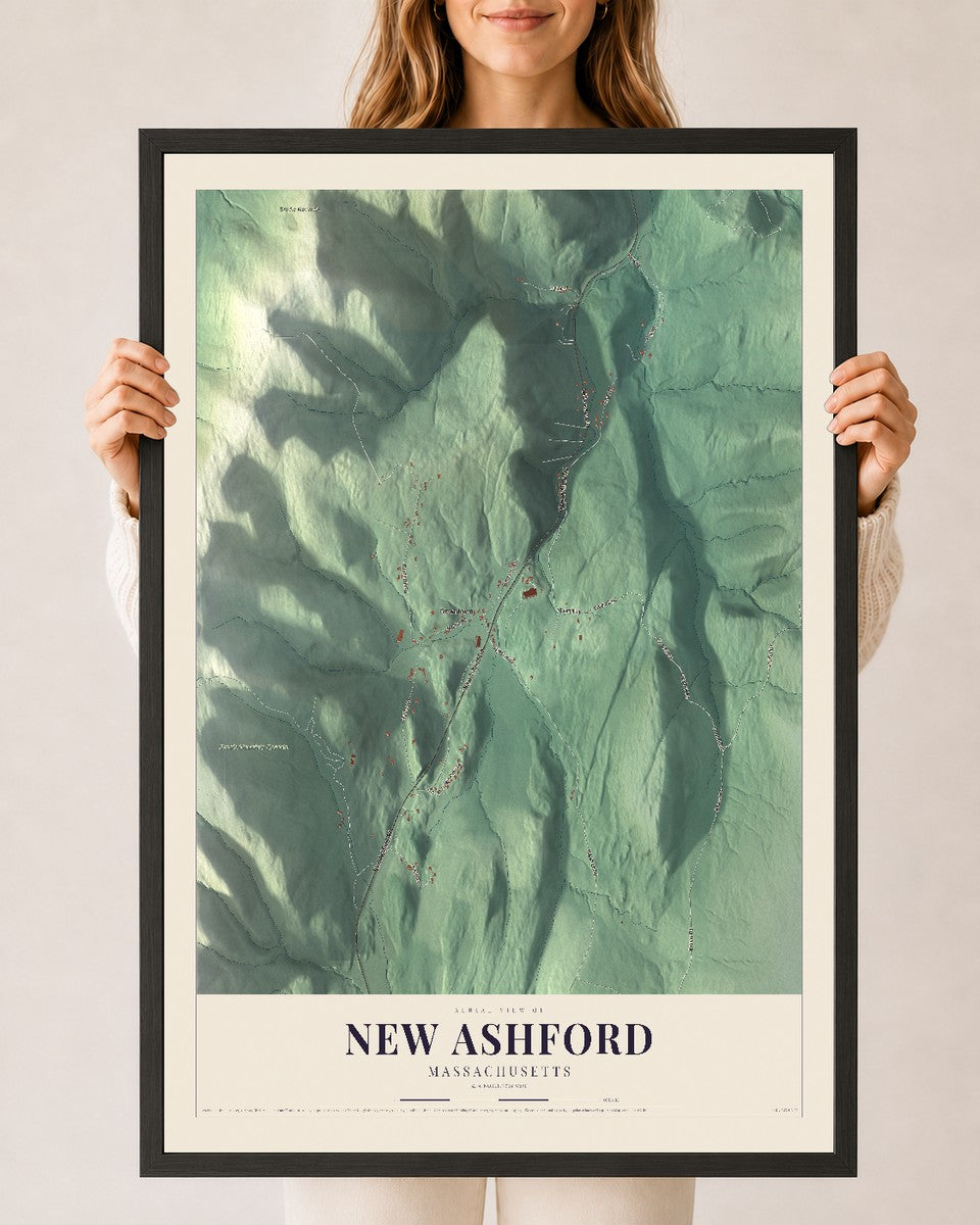 New Ashford, Massachusetts map print - 24 x 36 black Ayous wood frame