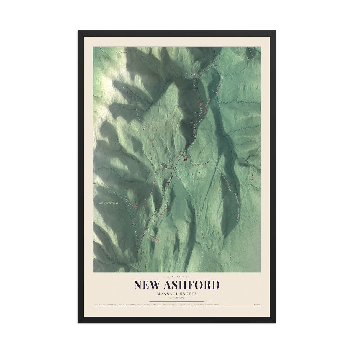 Map of New Ashford, Massachusetts, 12 x 18 inch print in a black wood frame
