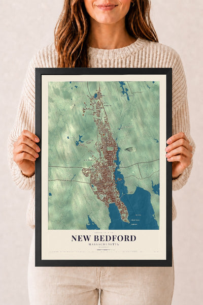 New Bedford, Massachusetts map print - 12 x 18 black Ayous wood frame