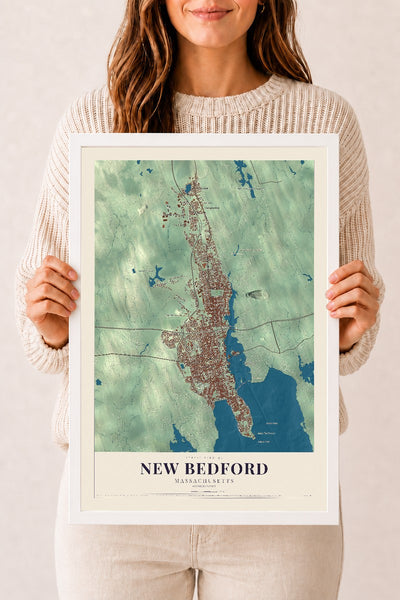 New Bedford, Massachusetts map print - 12 x 18 white Ayous wood frame