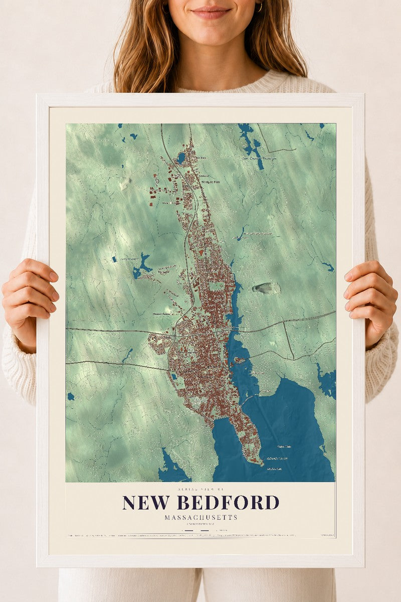 New Bedford, Massachusetts map print - 18 x 24 white Ayous wood frame
