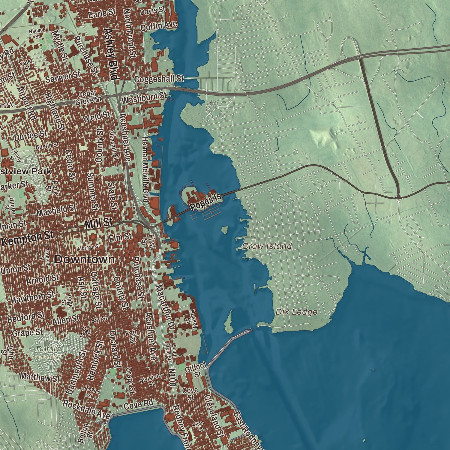 Terrain and local geography detail from the New Bedford, Massachusetts map
