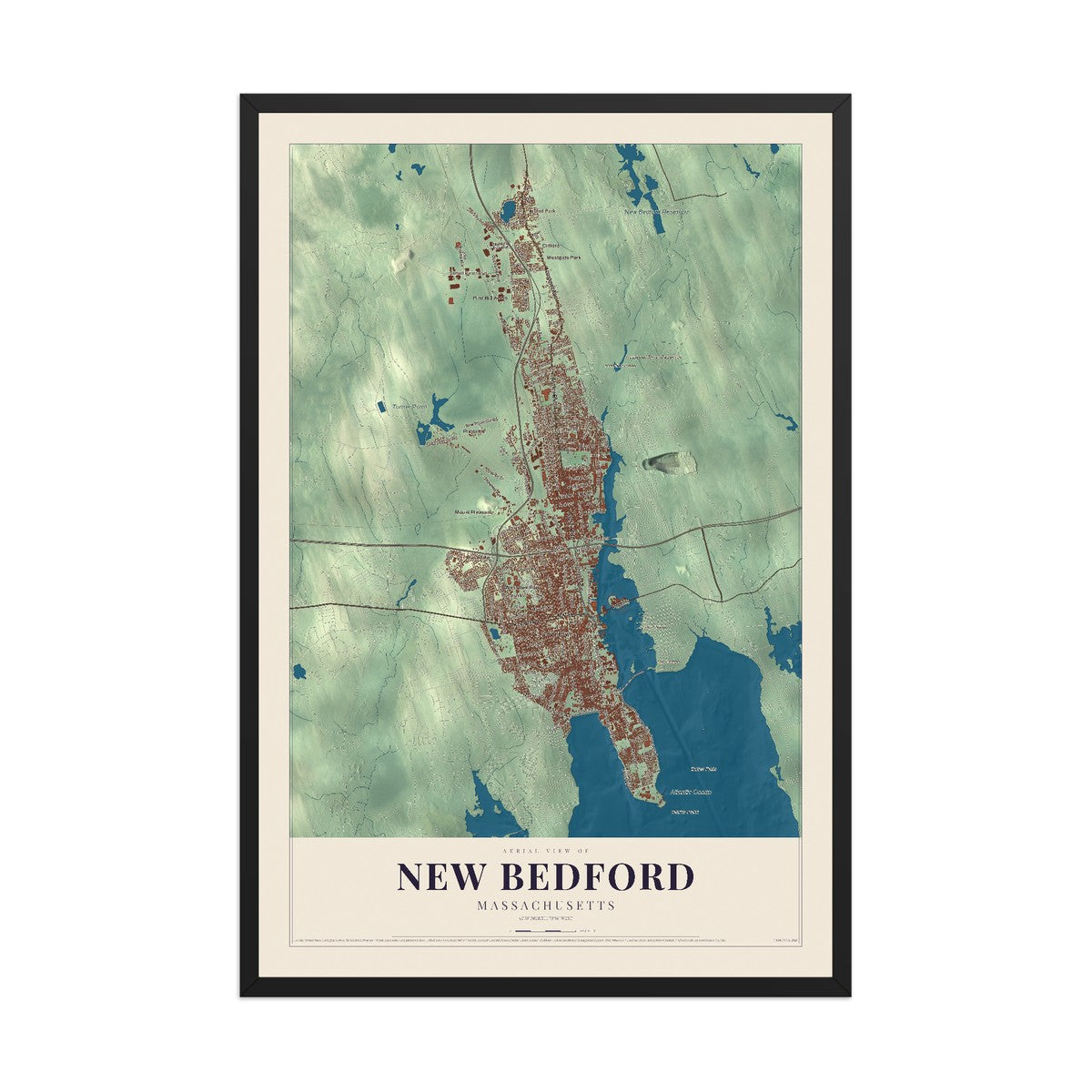 Map of New Bedford, Massachusetts, 12 x 18 inch print in a black wood frame