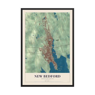 Map of New Bedford, Massachusetts, 12 x 18 inch print in a black wood frame