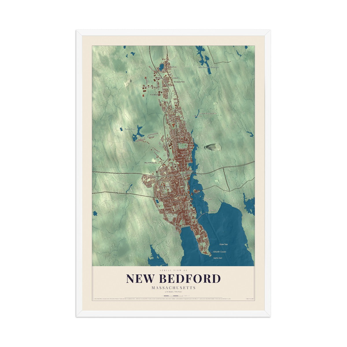 Map of New Bedford, Massachusetts, 12 x 18 inch print in a white wood frame