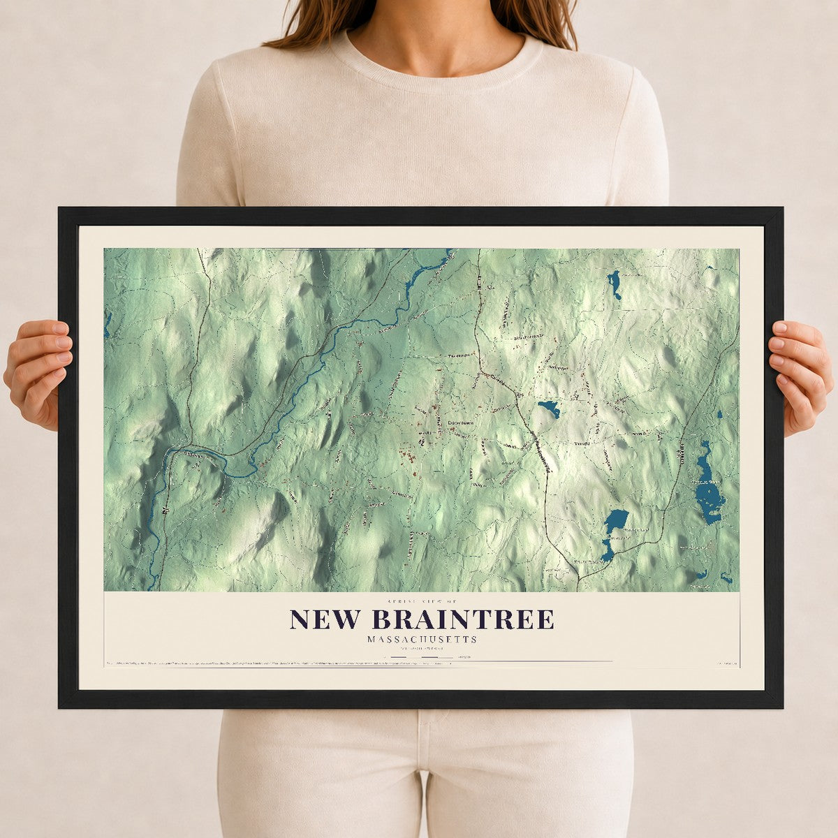 New Braintree, Massachusetts map print - 12 x 18 black Ayous wood frame
